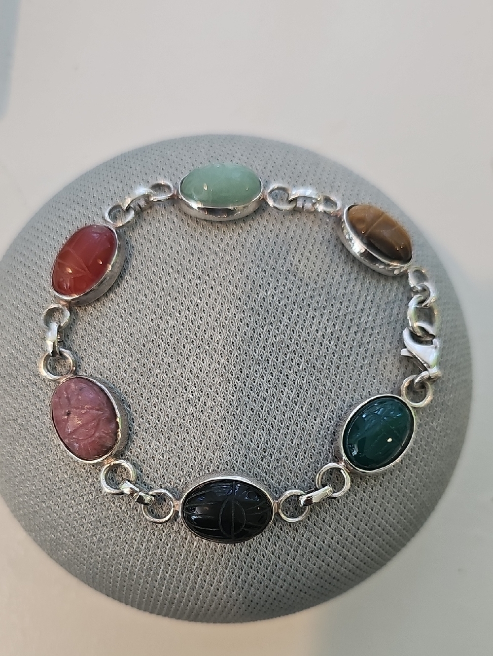 Multi-Gemstone Sterling Silver Link Bracelet - Green, Pink, Black, Brown, Red